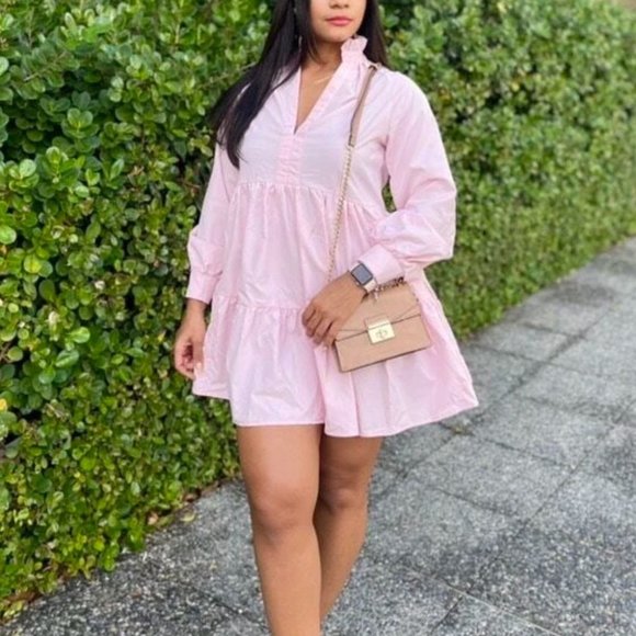 Baby Pink Babydoll Mini Long sleeved Dress - Picture 13 of 13